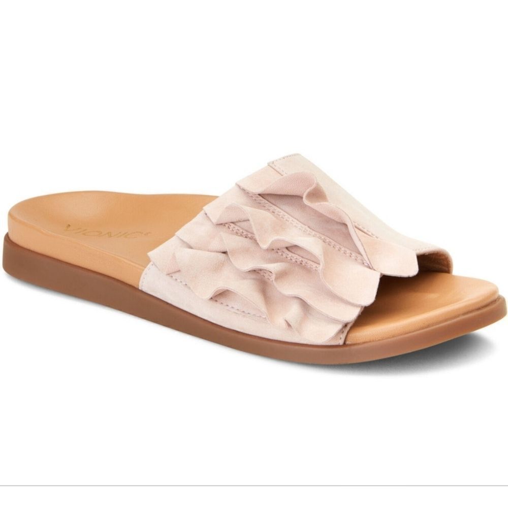10 VIONIC PALM RONI SLIDES SANDALS NEUTRAL TAN PINK BROWN SUEDE SLIP ON SHOES